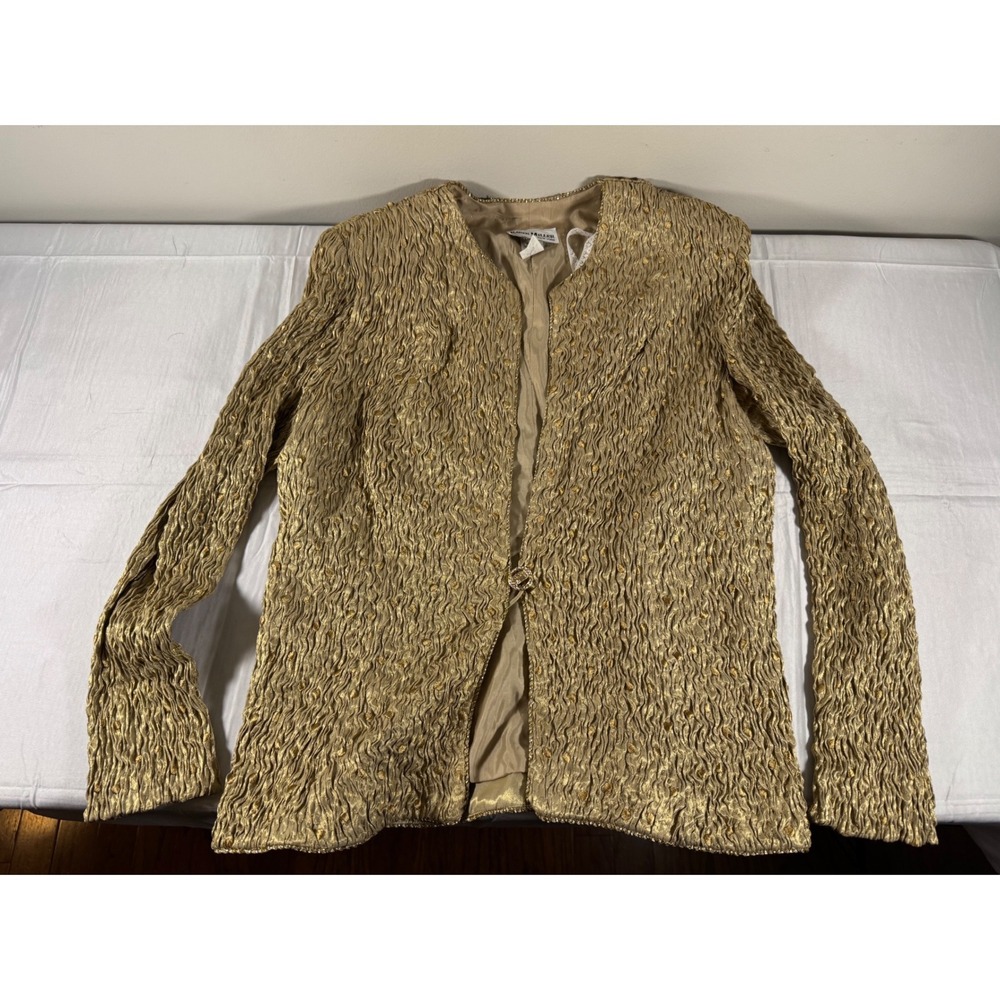 Vintage 80s/90s Karen Miller New York Gold Metallic Textured Evening Jacket S 16